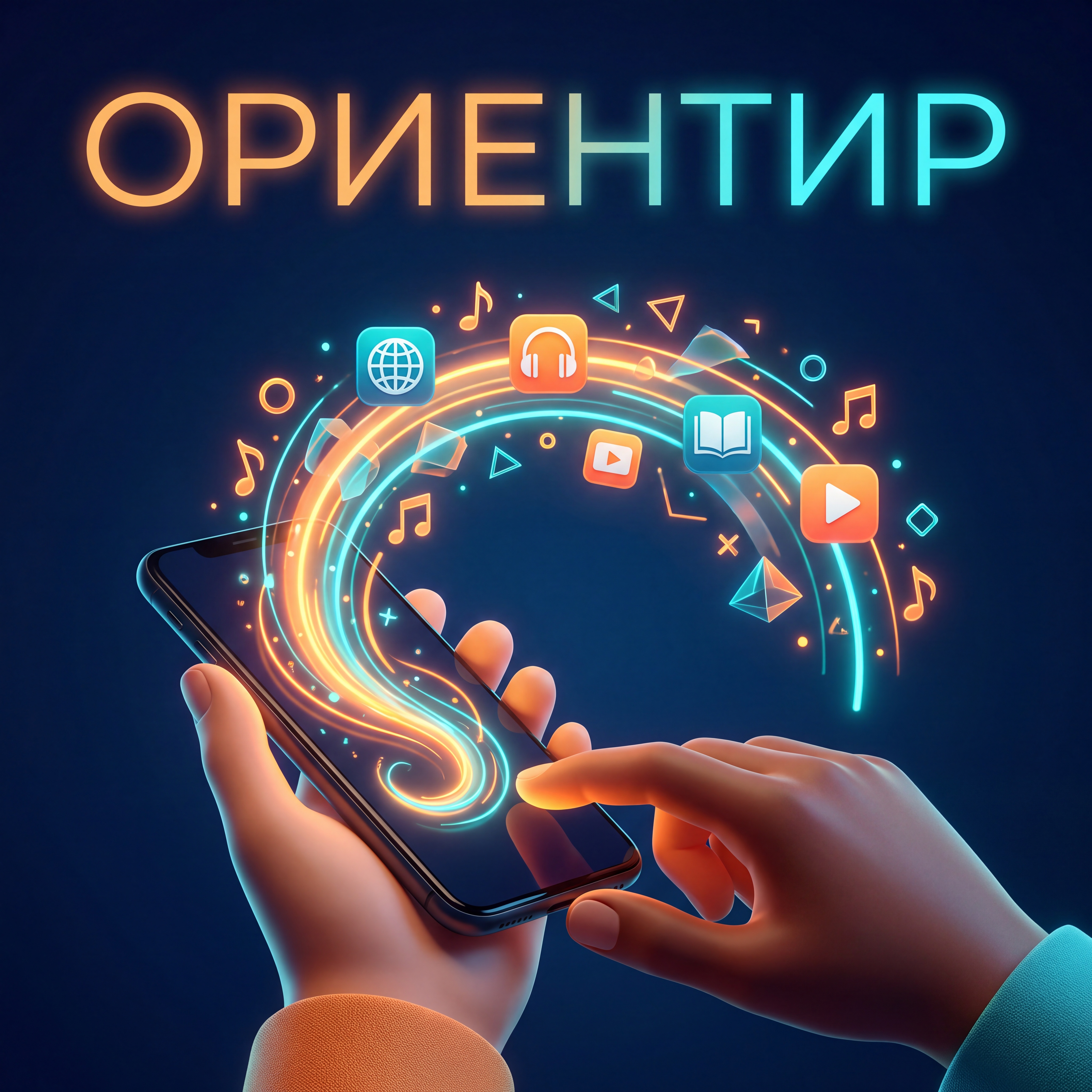 Обложка подкаста ОРИЕНТИР: стилизованные руки держат смартфон, из которого вылетают светящиеся иконки звука, книг и ноты
